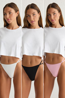 Trendyolmilla Siyah-Pembe-Beyaz 3lu Paket Kalpli Aksesuar Detayl? Fitilli Tanga Orme Kulot THMSS25KU00002  фото 8
