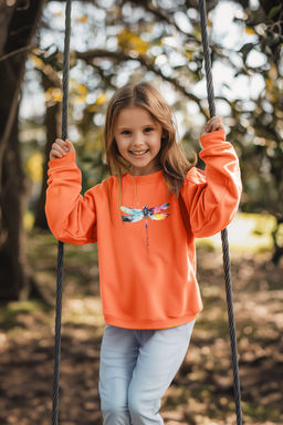Ac?k Turuncu K?z Cocuk Mevsimlik-Ince Kelebek Desenli Orme Bisiklet Yaka Sweatshirt TKDAW25SW00001