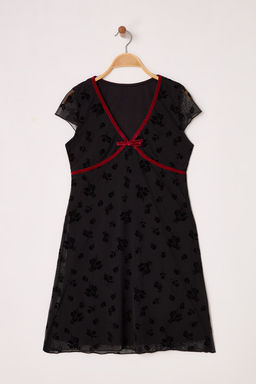 Siyah Flok Bask?l? Tul Kontrast Biye Detayl? Mini Esnek Orme Elbise TWOSS25EL00469 - Trendyolmilla фото 5