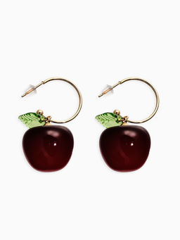Серьги-кольца «Черешня с листочком», бордовые в золоте