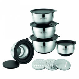 Миска из нержавеющей стали Zeidan набор 5шт: 1,2л - д16см, 1,5л - д16см, 2,5л - д20см, 3л - д22см, 4,2л - д24см, пластмассовая крышка, терка-крышка 3шт: мелкая, крупная, шинковка, нескользящее силиконовое дно, подарочная упаковка (Китай)