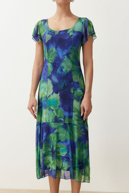 Mavi Cicekli Kare Yaka Midi A Kesim/Can Form Orme Midi Elbise TWOSS24EL00876 - Trendyolmilla фото 5