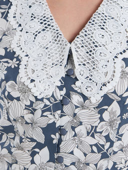 Платье из хлопка с кружевным воротником OD-948-2 белые цветы на синем