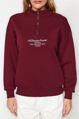 TRENDYOLMILLA Bordo Kal?n Ici Polarl? Fermuarl? Dik Yaka Oversize/Genis Kal?p Orme Sweatshirt TWOAW24SW00127  фото 4