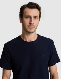 Lacivert Slim Fit Saf Pamuk _nce Fitilli Bisiklet Yaka T-shirt