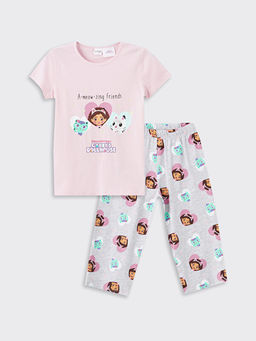 Bisiklet Yaka Gabbys Dollhouse Bask?l? K?sa Kollu K?z ?ocuk Pijama Tak?m?