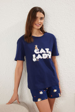 Trendyolmilla Lacivert %100 Pamuklu Kedili ve Sloganl? Sortlu Orme Pijama Tak?m? THMSS25PT00275 фото 2
