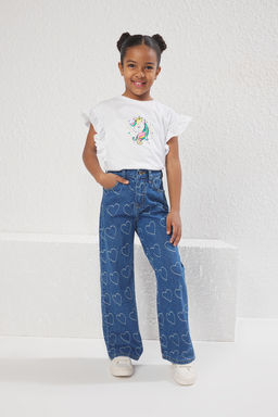 Mavi K?z Cocuk %100 Pamuk Kalp Desenli Flare Genis Paca Lastikli Demim Jean TKDSS25JE00000