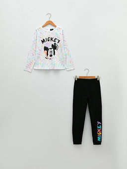 Bisiklet Yaka Mickey Mouse Bask?l? Uzun Kollu K?z ?ocuk Pijama Tak?m?