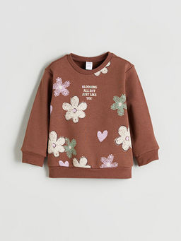 Bisiklet Yaka ?i?ekli K?z ?ocuk Sweatshirt