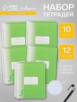 Цена за 2 шт. Комплект тетрадей из 10 штук, 12 листов в частую косую линию Calligrata «Пятёрка. Зелёная», обложка мелованный картон, блок офсет