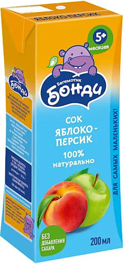 Цена за 5 шт.Бегемотик Бонди, сок Яблоко-Персик, 0.2л