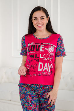 Пижама женская домашний интерлок из футболки и бридж LOVE ночной сад