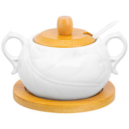 Сахарница 400 мл 14,5*11*9 см "Айсберг" с ложкой, с дер. крышкой на дер. подставке, фарфор