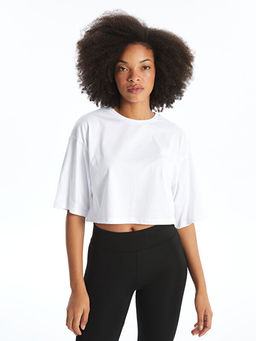 Bisiklet Yaka D?z K?sa Kollu Oversize Kad?n Crop