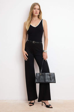 Siyah Wide Leg/Genis Paca Kemerli Normal Bel Uzun Soft Touch Orme Pantolon TWOSS26PL00149