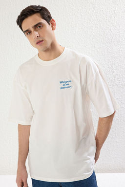 TRENDYOL MAN Ekru Unisex Oversize/Genis Kesim Kabar?k S?rt Bask?l? %100 Pamuk T-Shirt TMNSS25TS00025 - Trendyolmilla фото 3
