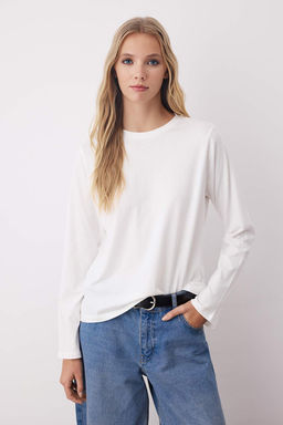 Siyah-Ekru-Kahverengi 3lu Paket %100 Pamuk Bisiklet Yaka Uzun Kol Oversize/Genis Kesim Orme T-shirt