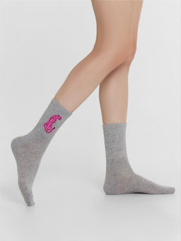 Цена за 5 пар! Носки женские меланжево-серые с рисунком в виде пантеры