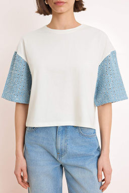 Ekru Denim Dokuma Detayl? Regular/Normal Kal?p Orme T-Shirt TWOSS26TS00223 - Trendyolmilla фото 3