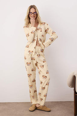 Trendyolmilla Ekru %100 Pamuklu Ay?c?kl? Gomlek-Pantolon Orme Pijama Tak?m? THMAW24PT00002  фото 33