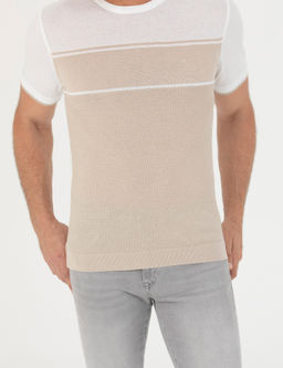 Bej Slim Fit Bisiklet Yaka Triko T-Shirt