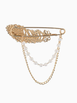 Булавка «Перо с цепочкой и жемчугом», в стразах, L=7.5 см, белая в золоте