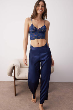 Lacivert 3lu Ceyiz Set Ust Dantel, Alt Saten Ask?l? Kulotlu Dokuma Pijama Tak?m? THMAW26PT00077