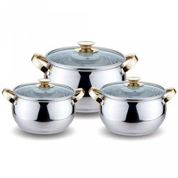 Набор кастрюль из нержавеющей стали Kelli 3 предмета: 2,1л - д16см, 3л - д18см, 4л - д20см, стеклянная жаропрочная крышка, пароотвод, ручки из нержавеющей стали под золото, 5-ти слойное капсульное дно, цветная коробка (Китай) Подходит для всех ви