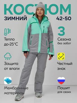 Горнолыжный костюм женский зимний бирюзового цвета 0709_1Br