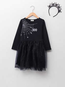 Bisiklet Yaka Bask?l? Uzun Kollu K?z ?ocuk Elbise ve Ta?