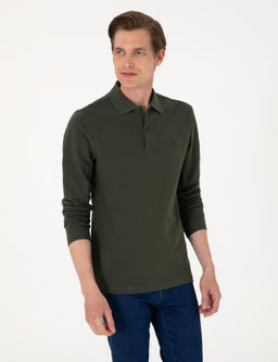 Koyu Ye_il Slim Fit K_vr_lmaz Polo Yaka Basic Pike Sweatshirt