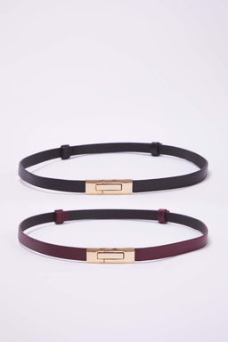 Siyah-Bordo 2li Paket Deri Gorunumlu Kemer TWOAW26KE00003