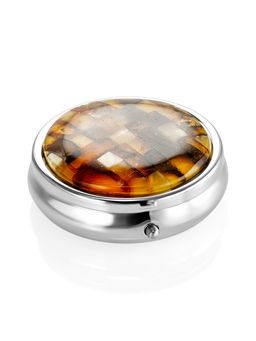 Органайзер для таблеток на три отделения, украшенный живописной янтарной мозаикой