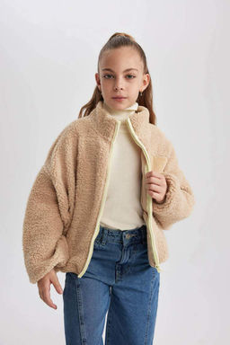 Плюшевый кардиган-бомбер с воротником-студентом для девочек - Defacto фото 7