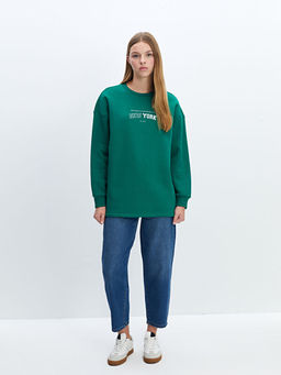 Bisiklet Yaka Bask?l? Oversize Kad?n Kal?n Sweatshirt Tunik
