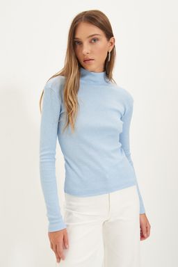Mavi Fitted/Vucuda Oturan Dik Yaka Uzun Kol Fitilli Esnek Orme Bluz TWOAW21BZ0423