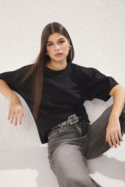 TRENDYOLMILLA Ac?k Sar? %100 Pamuk Balon Kol Oversize/Genis Kesim Orme T-Shirt TWOSS25TS00041  фото 7