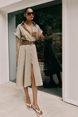 VESTIDO MIDI POPEL?N CINTUR?N / Beige claro