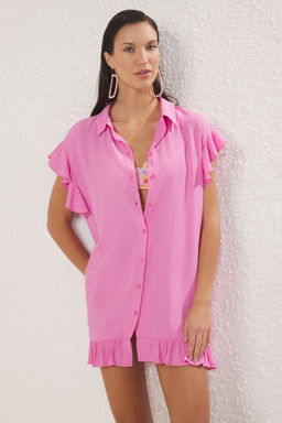 TRENDYOLMILLA Pembe Dokuma Volanl? Plaj Elbisesi TBESS25EL00074