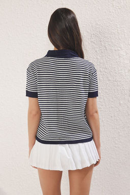 Lacivert Polo Yaka Cizgili Triko Bluz TWOSS25BZ00183