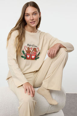 Trendyolmilla Kad?n Couple/Cift Bej %100 Pamuklu K?s Temal? Orme Pijama Tak?m? THMAW25PT00162  фото 3