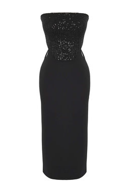 Siyah Cut Out/Pencere Detayl? Astarl? Payet Dokuma Midi Dugun/Nikah Elbisesi TPRSS25EL00306 - Trendyolmilla фото 5