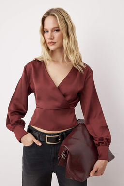 Kiremit Fitted Korsaj Detayl? Saten Dokuma Bluz TWOAW26BZ00254