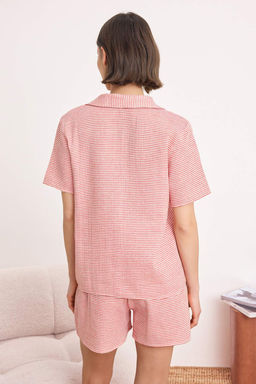 Bordo %100 Pamuklu Cizgili Muslin Dokuma Pijama Tak?m? THMSS26PT00135