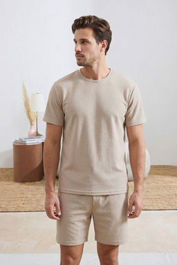 Bej Regular Fit Dokulu Esnek Orme Pijama Tak?m? TMNSS26PT00018