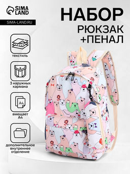 Набор: рюкзак школьный и пенал, с карманами, с принтом, размер 29?12?41 см, розовый/разноцветный