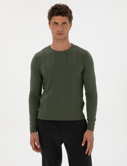 Koyu Haki Slim Fit Bisiklet Yaka Triko Kazak