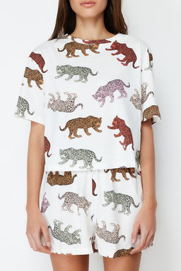 Trendyolmilla Kad?n Couple/Cift Ekru %100 Pamuklu Kaplan Desenli Sortlu Orme Pijama Tak?m? THMSS24PT00078  фото 12