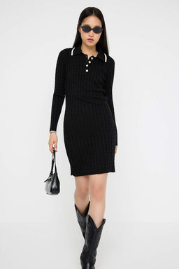 Teen Siyah Bodycone Polo Yaka Mini Triko Duz Mini Elbise TWOAW26EL00053